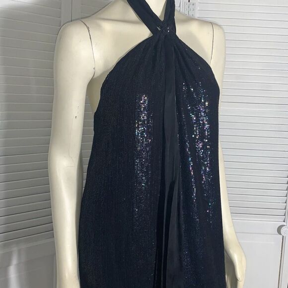 Carmen Marc Valvo - Black Sequin Halter Midi Dress Sz 10 - Picture 2 of 12